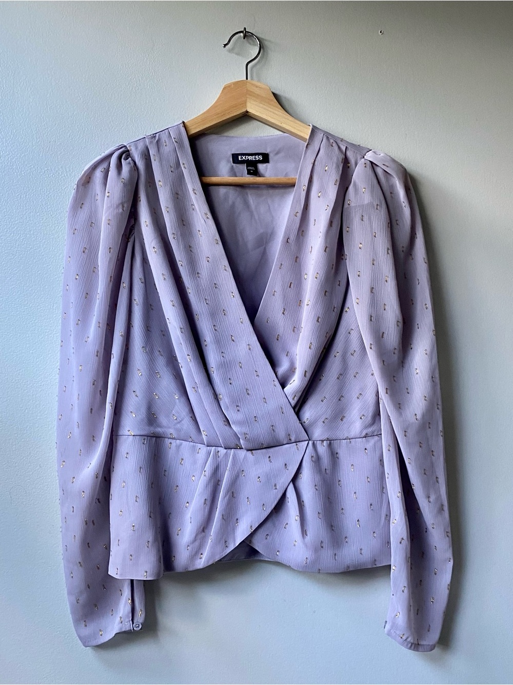 Express Lavender Wrap Style  Peplum Blouse with Gold Detail